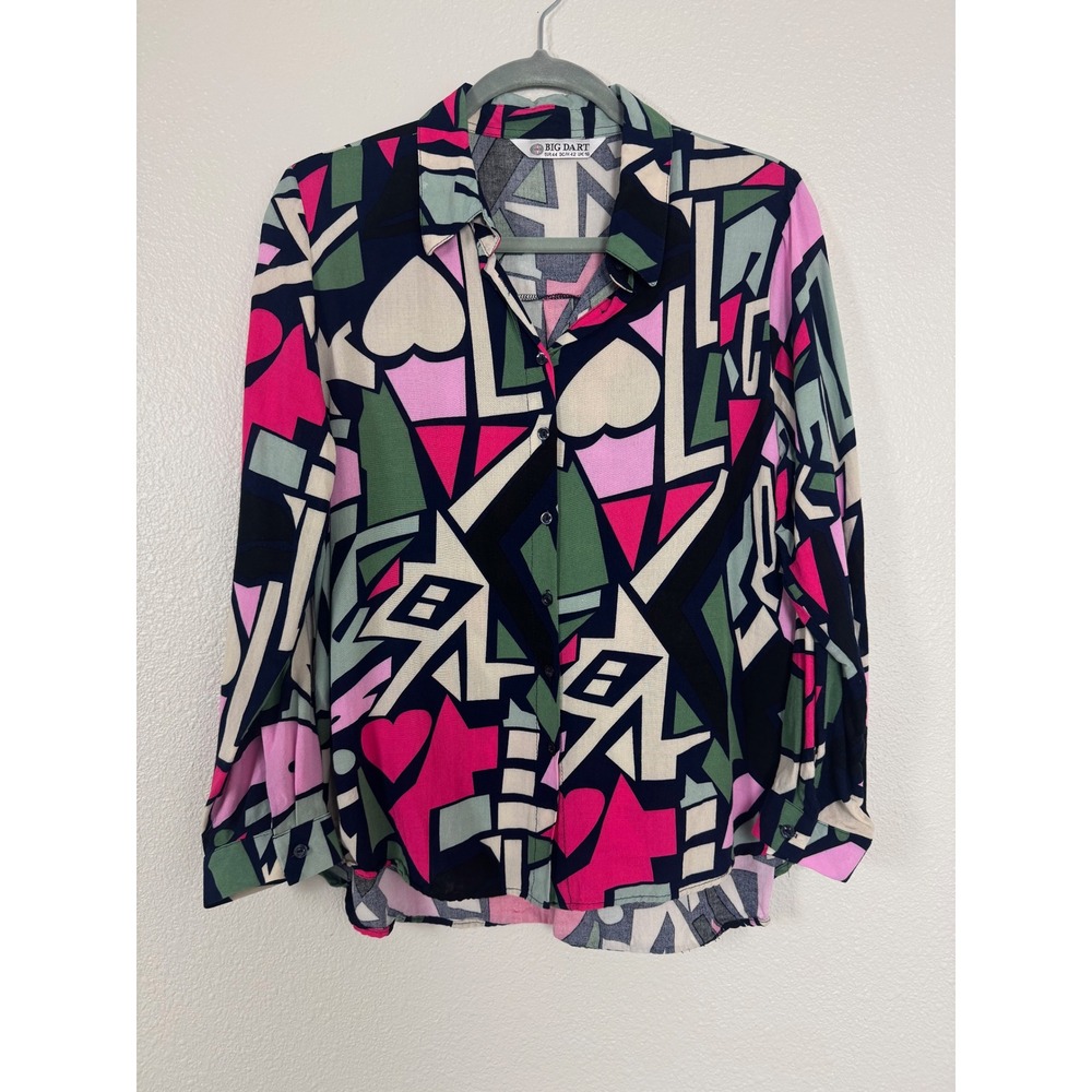 Big Dart Geometric Abstract Heart Print Button Down Shirt Multi Color Size 16